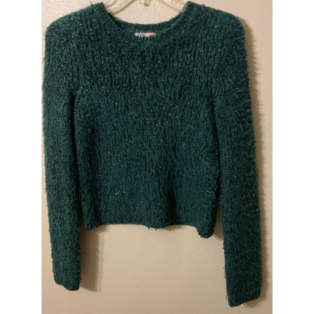 GB Green Fuzzy Knit Crewneck Pullover Sweater Long Sleeve Women’s XS